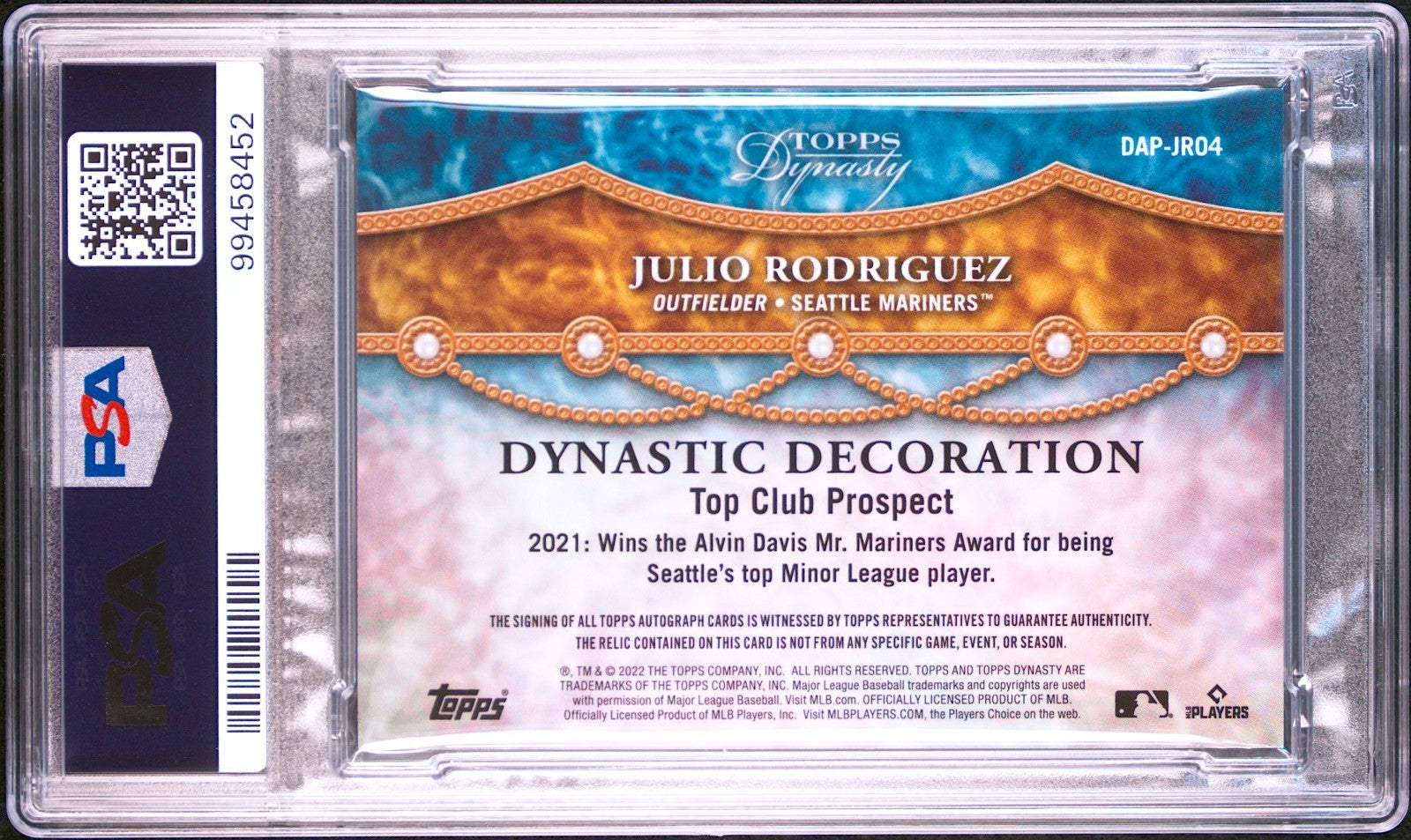 PSA 9 Topps Dynasty 2022 Julio Rodriguez Patch Auto Autograph /10 RC #DAP-JRO41